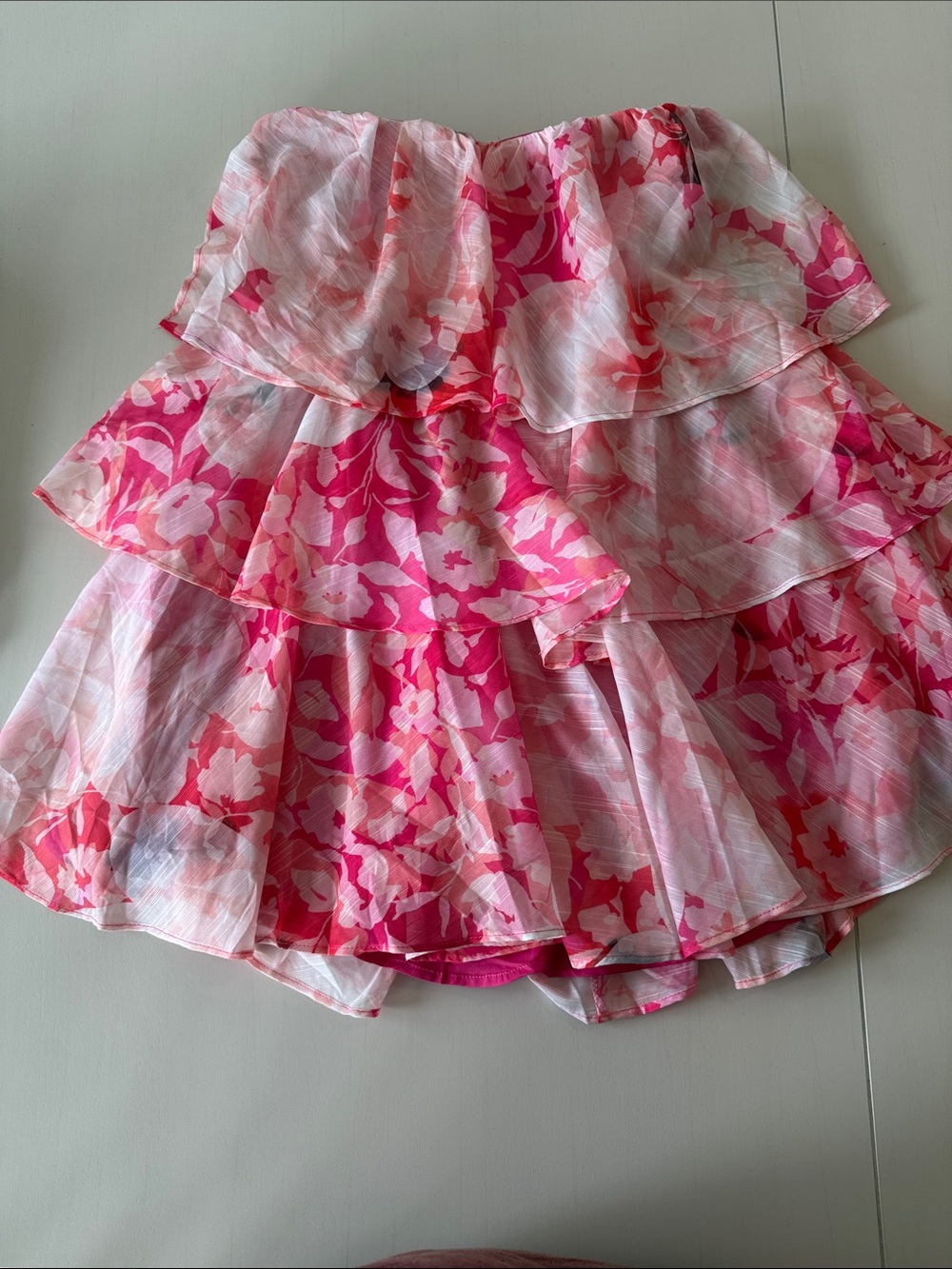 Strapless Pink Floral Tiered Ruffle Dress